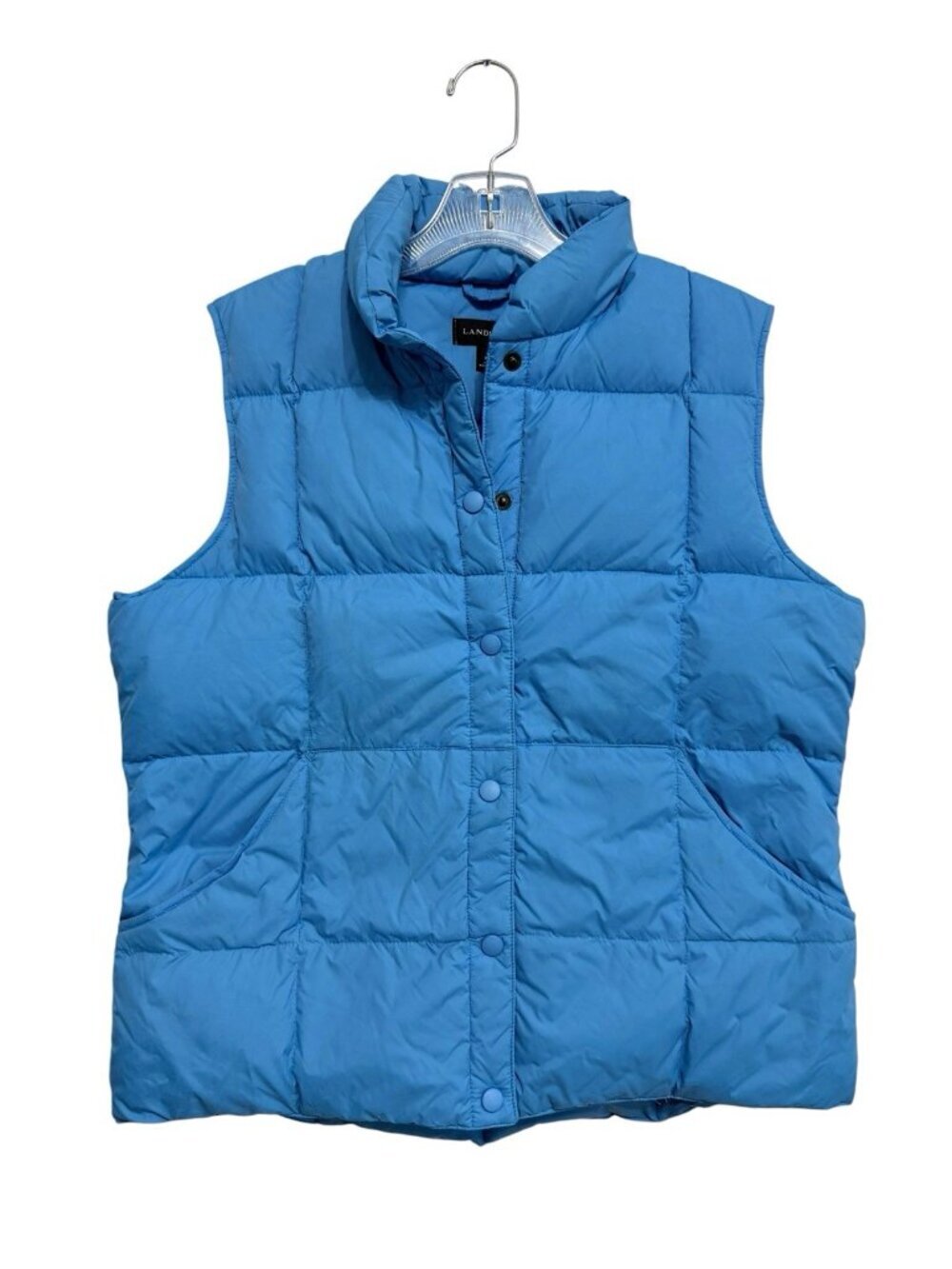 Lands End Womens Size Medium Vest Goose Down Puffer Blue Quilted Snap Front